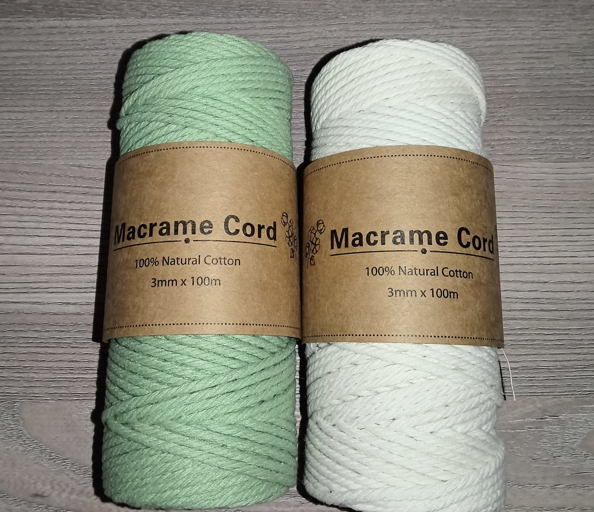 Makramee-Garn Salbeigrün & Naturweiß | 2er Set | 100% Baumwolle | 3 mm x 100 m