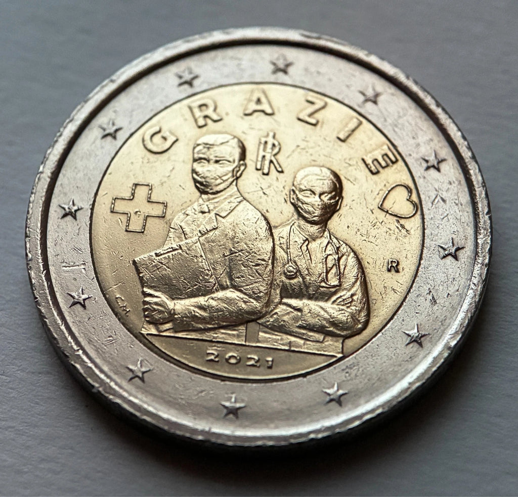 2 Euro 2021 | Italien | Danke / Grazie | Gesundheitsberufe | Bi-Metall Gedenkmünze | schön