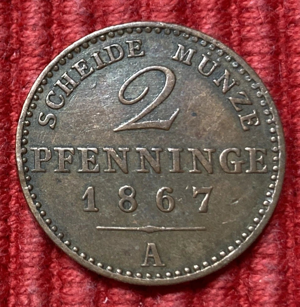 2 Pfenninge 1867 A | Historische Scheidemünze aus Preußen | Kupfer