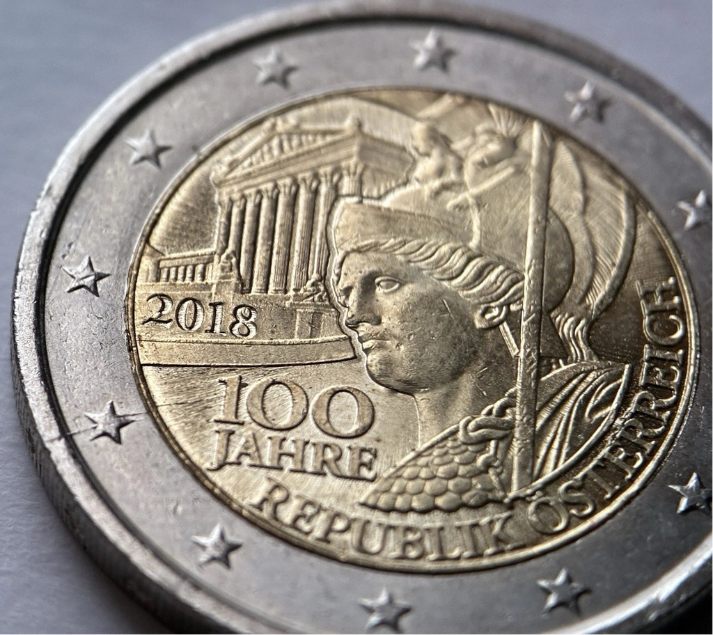 2 Euro 2018 | Österreich | 100 Jahre Republik | Pallas Athena & Parlament in Wien | Bi-Metall Gedenkmünze | schön
