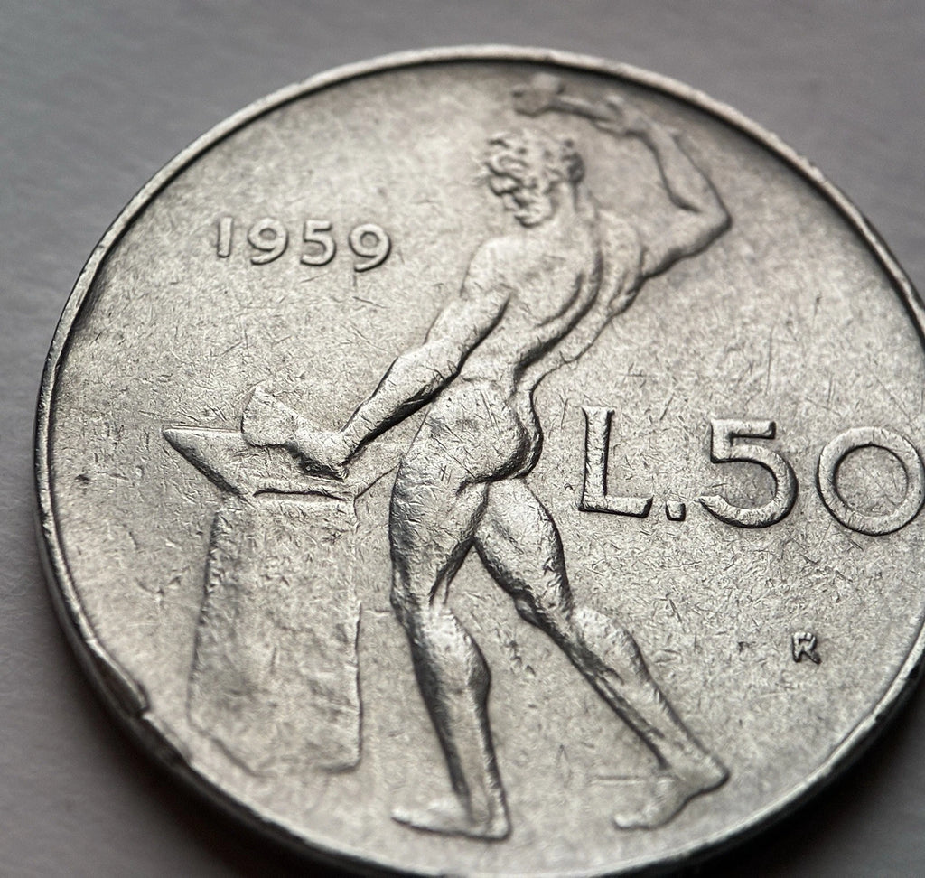 50 Lire 1959 | Italien | Schmied Vulcano am Amboss | Edelstahl Münze | schön