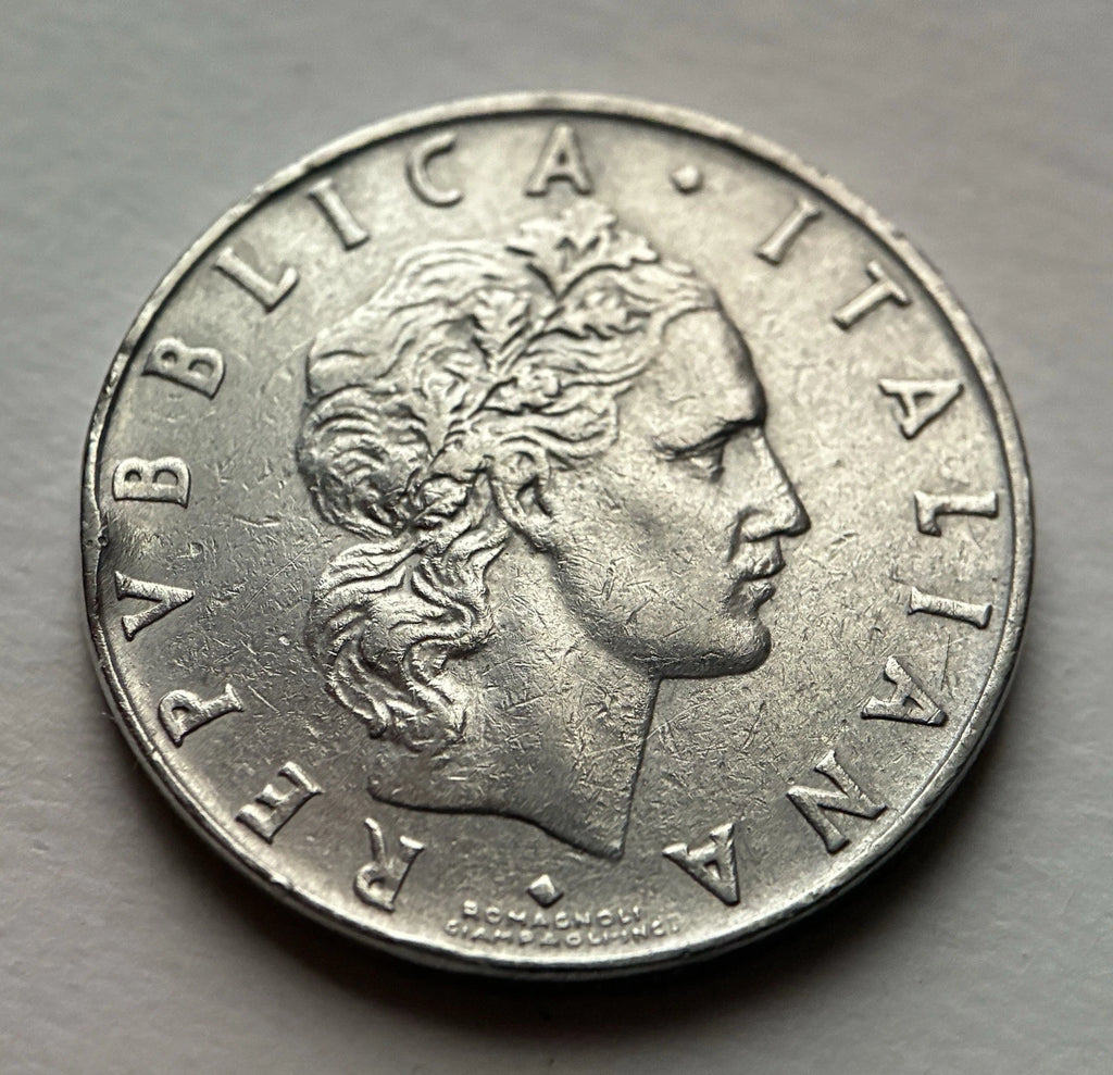 50 Lire 1959 | Italien | Schmied Vulcano am Amboss | Edelstahl Münze | schön