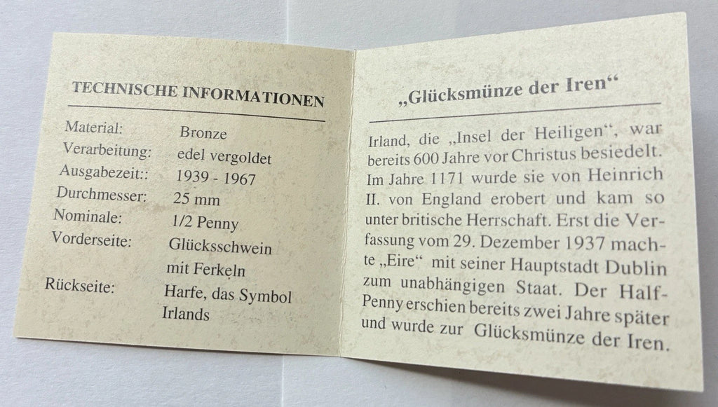 1/2 Penny 1964 | Irland | Glücksmünze der Iren | Bronze | Edel vergoldet | Mit Zertifikat | Münze