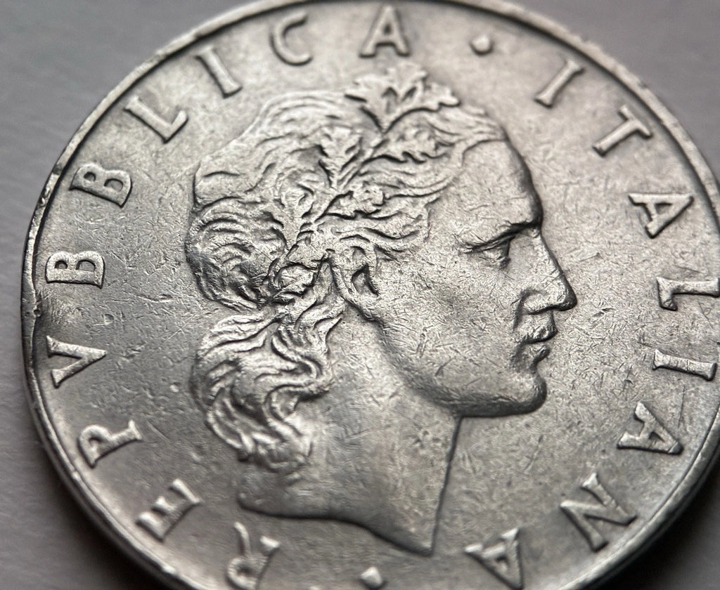 50 Lire 1959 | Italien | Schmied Vulcano am Amboss | Edelstahl Münze | schön