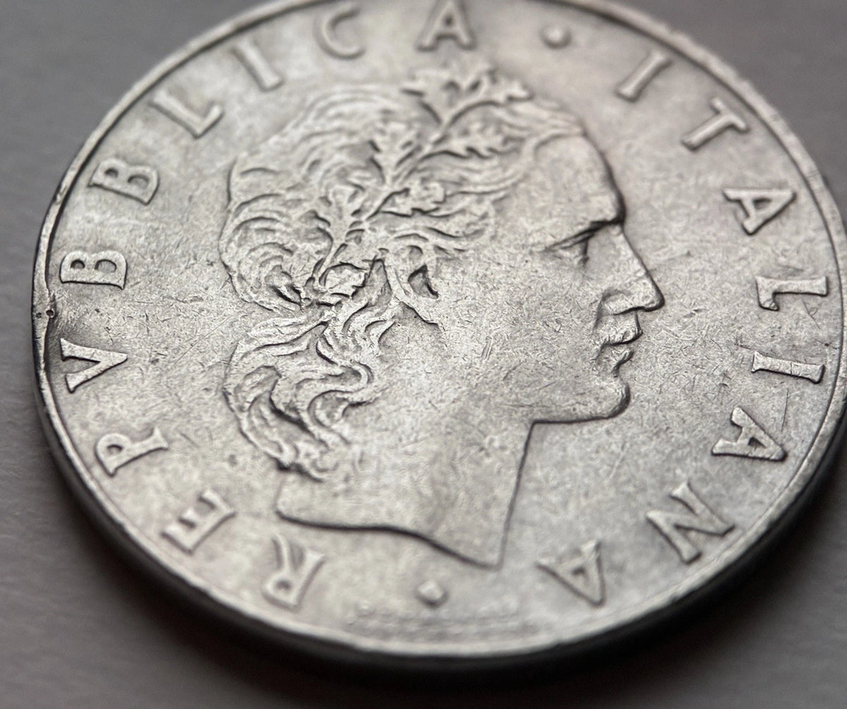 50 Lire 1959 | Italien | Schmied Vulcano am Amboss | Edelstahl Münze | schön