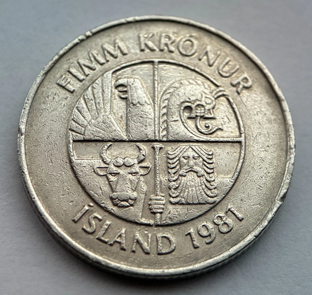 5 Krónur 1981 | Island | Landvættir & Delfine | Kupfer-Nickel Münze | schön