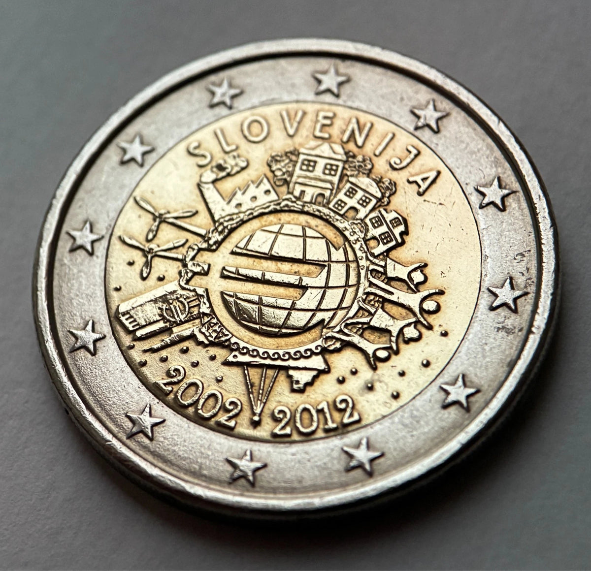 2 Euro 2012 | Slowenien | 10 Jahre Einführung des Euro (WWU) | Bi-Metall Gedenkmünze | schön