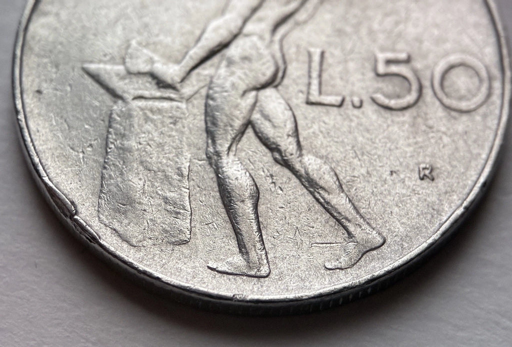 50 Lire 1959 | Italien | Schmied Vulcano am Amboss | Edelstahl Münze | schön