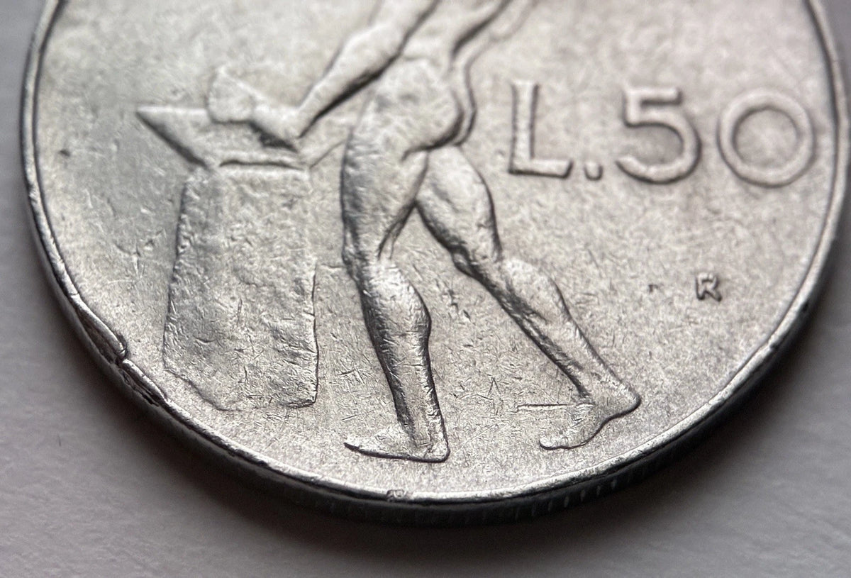 50 Lire 1959 | Italien | Schmied Vulcano am Amboss | Edelstahl Münze | schön