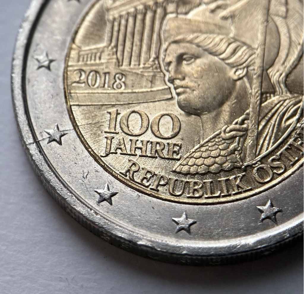 2 Euro 2018 | Österreich | 100 Jahre Republik | Pallas Athena & Parlament in Wien | Bi-Metall Gedenkmünze | schön