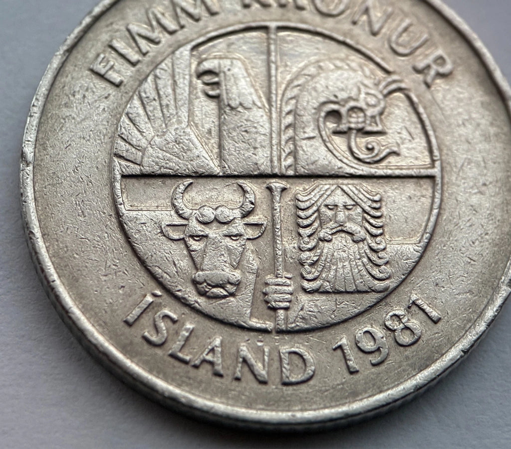 5 Krónur 1981 | Island | Landvættir & Delfine | Kupfer-Nickel Münze | schön