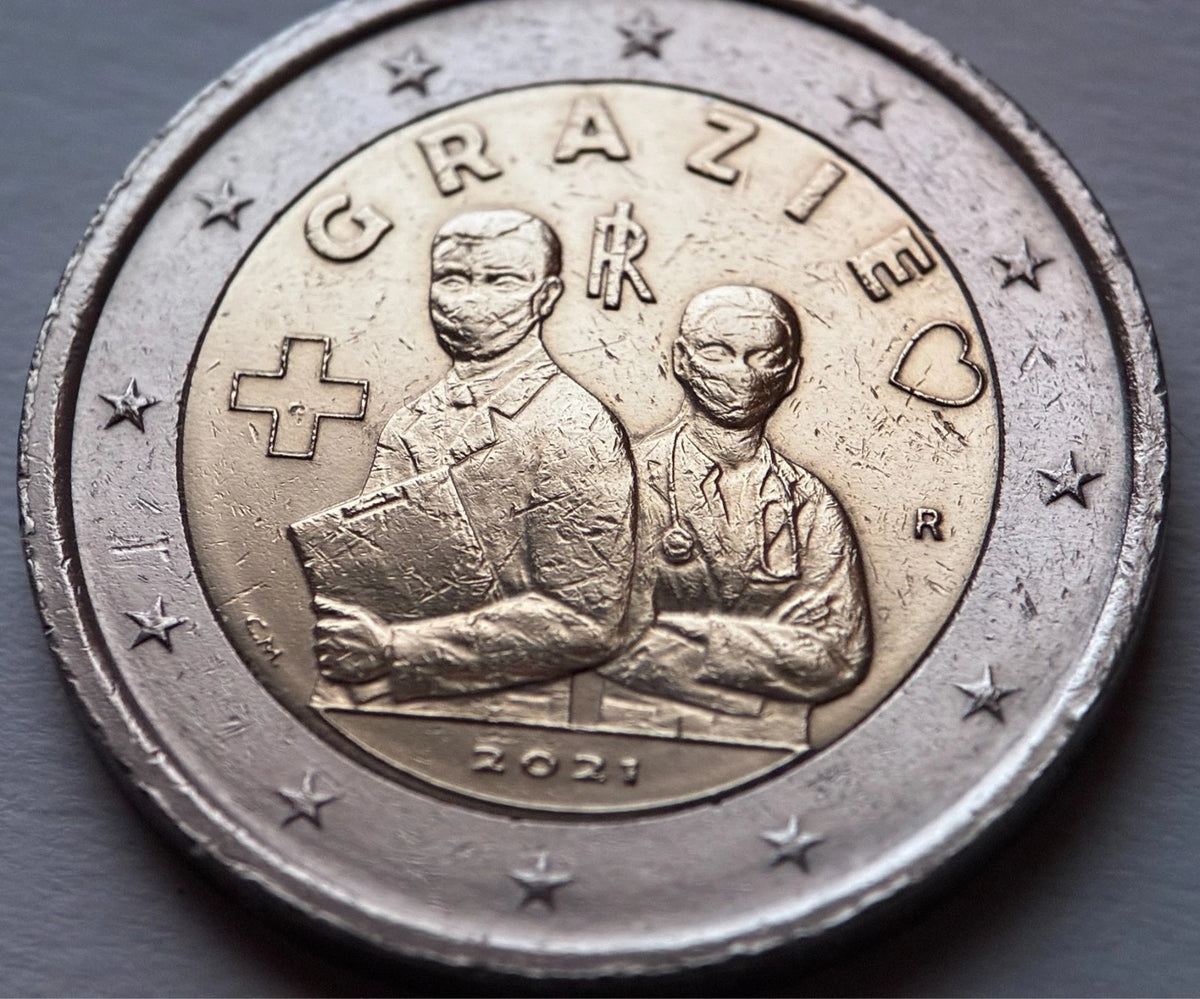 2 Euro 2021 | Italien | Danke / Grazie | Gesundheitsberufe | Bi-Metall Gedenkmünze | schön