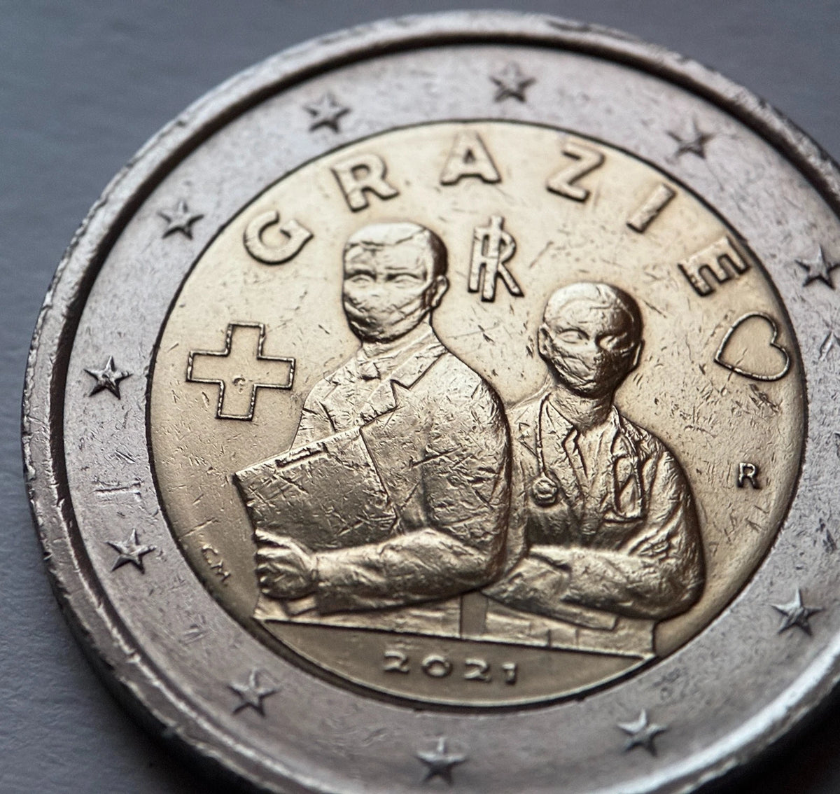 2 Euro 2021 | Italien | Danke / Grazie | Gesundheitsberufe | Bi-Metall Gedenkmünze | schön