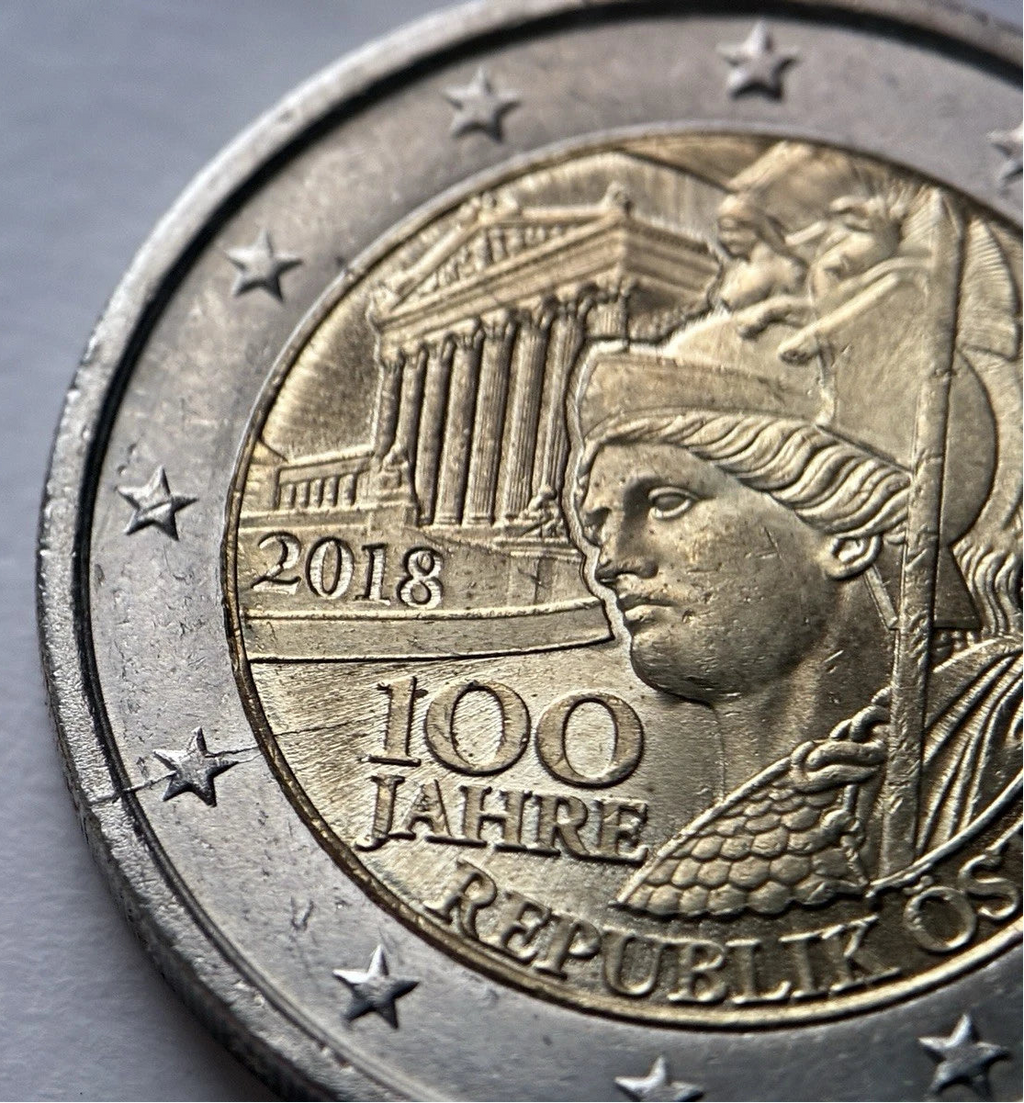 2 Euro 2018 | Österreich | 100 Jahre Republik | Pallas Athena & Parlament in Wien | Bi-Metall Gedenkmünze | schön
