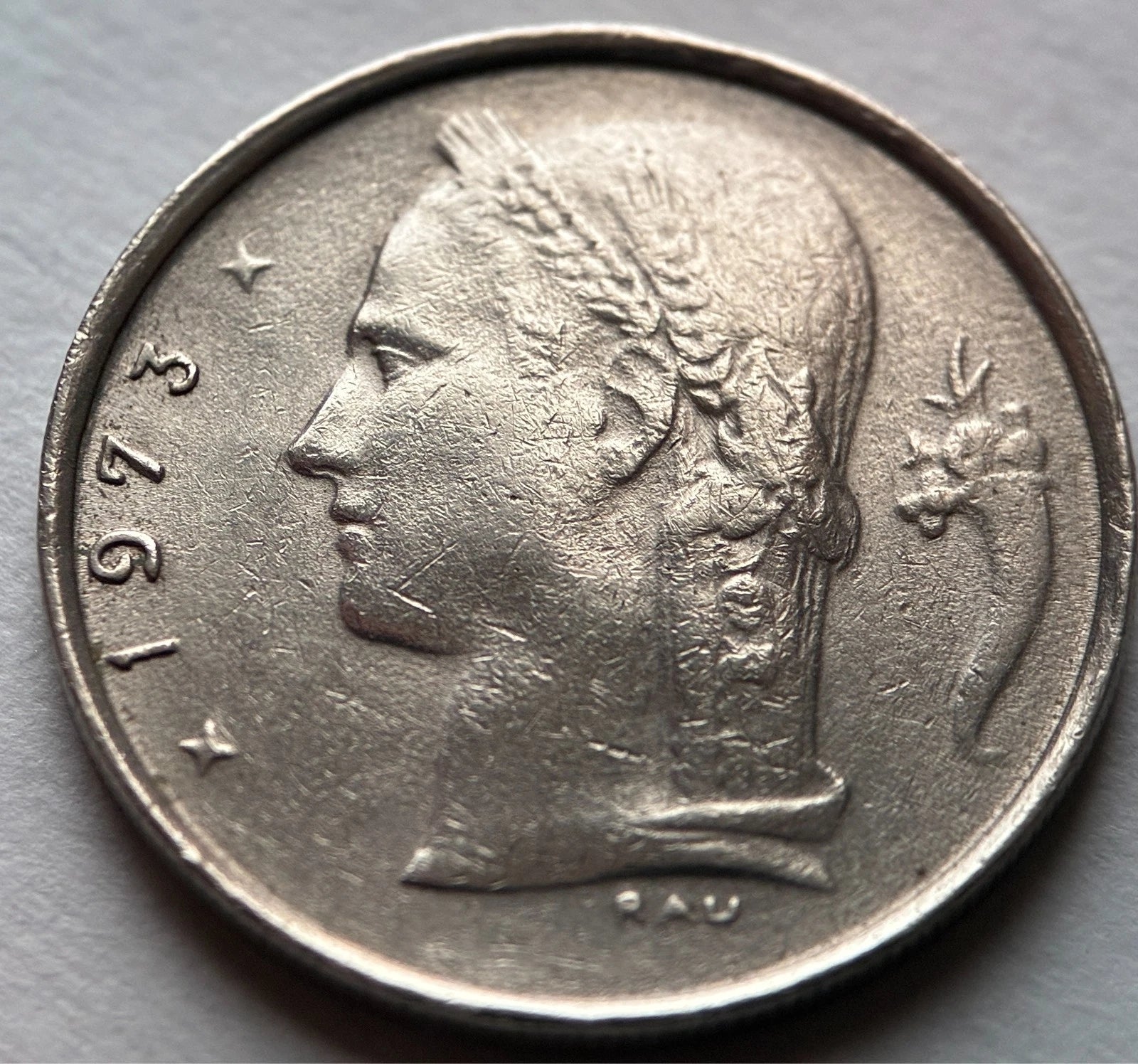 1 Franc Belgien 1973 | Ceres-Kopf & Eichenzweig | BELGIË | Münze
