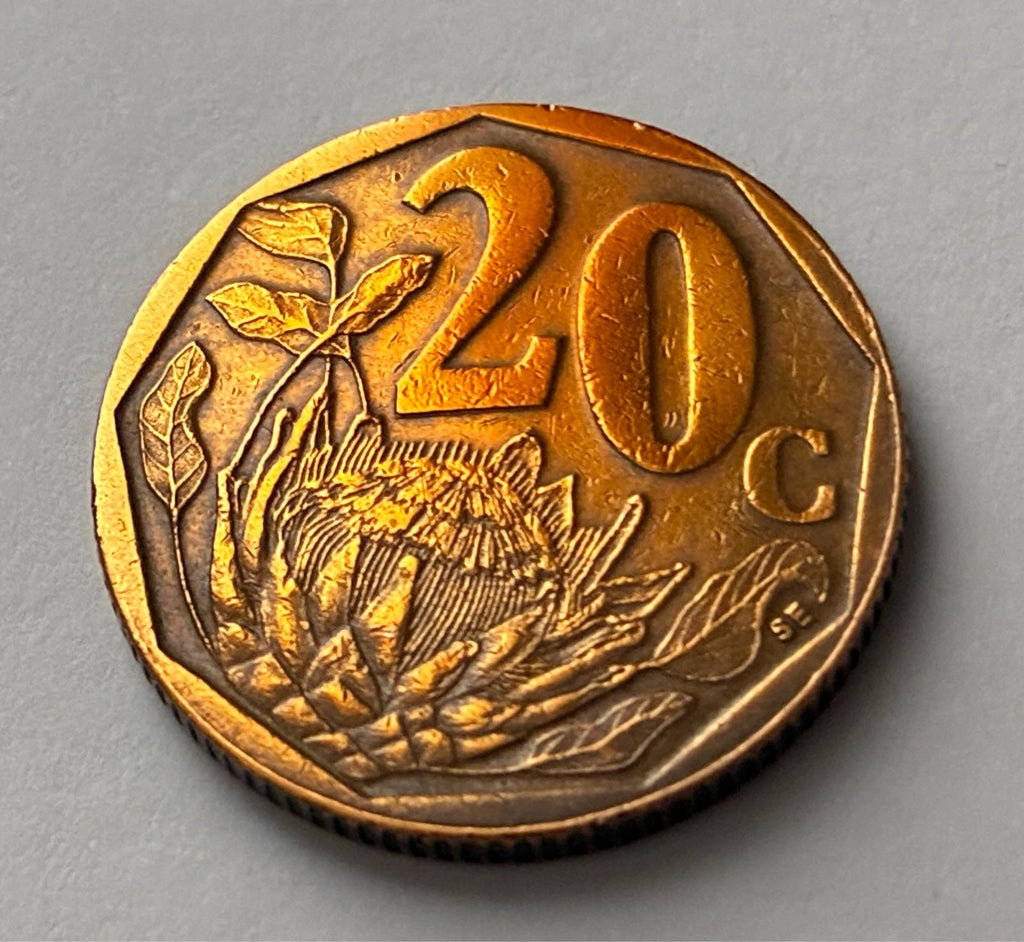 20 Cents 1999 | Südafrika | Zuckerbusch Motiv (Protea) | Verbronzter Stahl Münze | schön