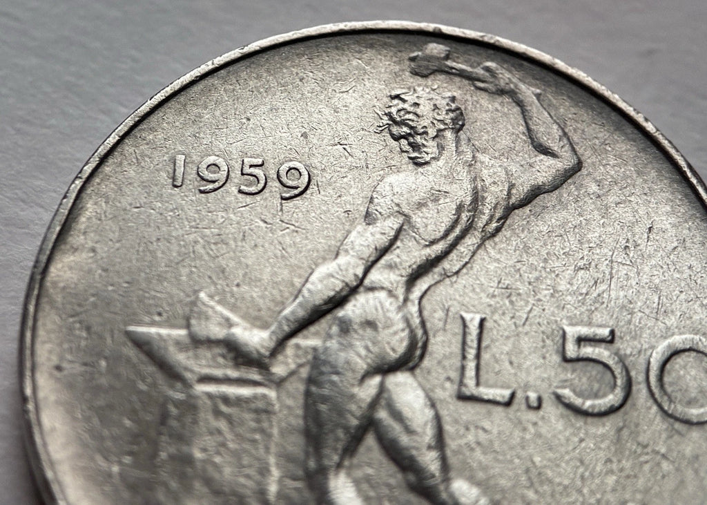 50 Lire 1959 | Italien | Schmied Vulcano am Amboss | Edelstahl Münze | schön