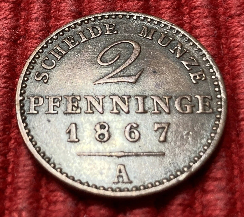 2 Pfenninge 1867 A | Historische Scheidemünze aus Preußen | Kupfer