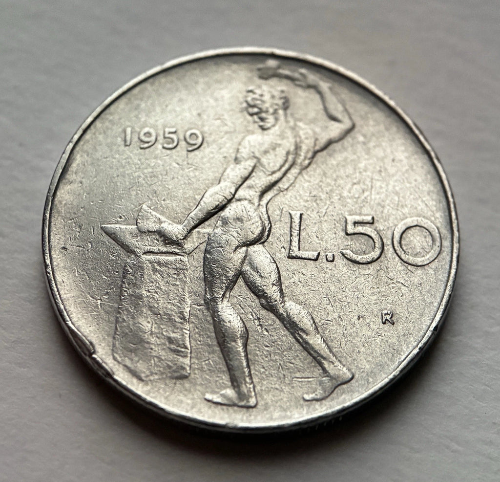 50 Lire 1959 | Italien | Schmied Vulcano am Amboss | Edelstahl Münze | schön