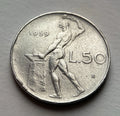 50 Lire 1959 | Italien | Schmied Vulcano am Amboss | Edelstahl Münze | schön