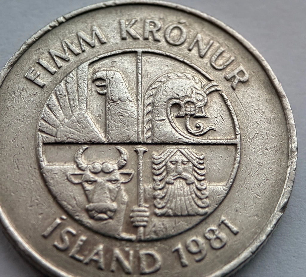 5 Krónur 1981 | Island | Landvættir & Delfine | Kupfer-Nickel Münze | schön