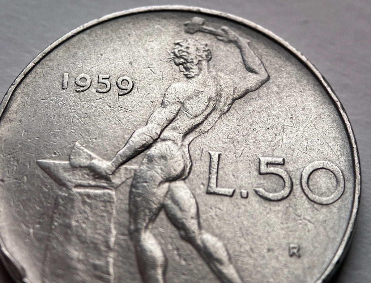 50 Lire 1959 | Italien | Schmied Vulcano am Amboss | Edelstahl Münze | schön
