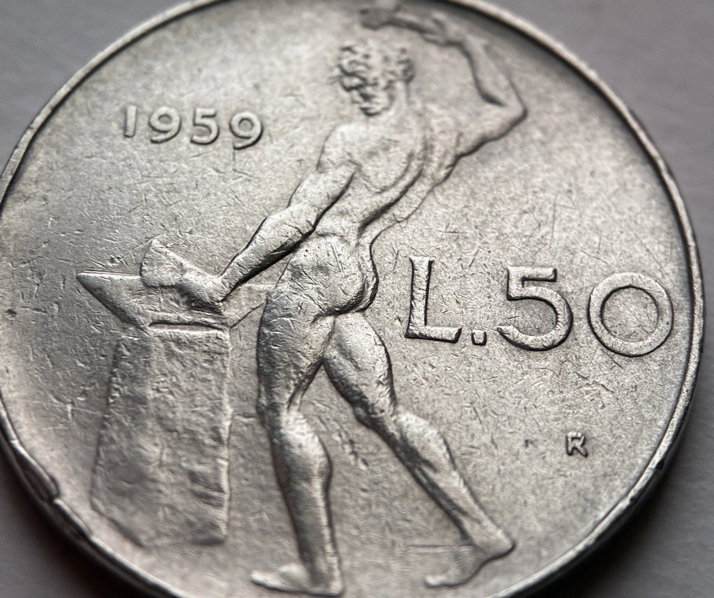 50 Lire 1959 | Italien | Schmied Vulcano am Amboss | Edelstahl Münze | schön