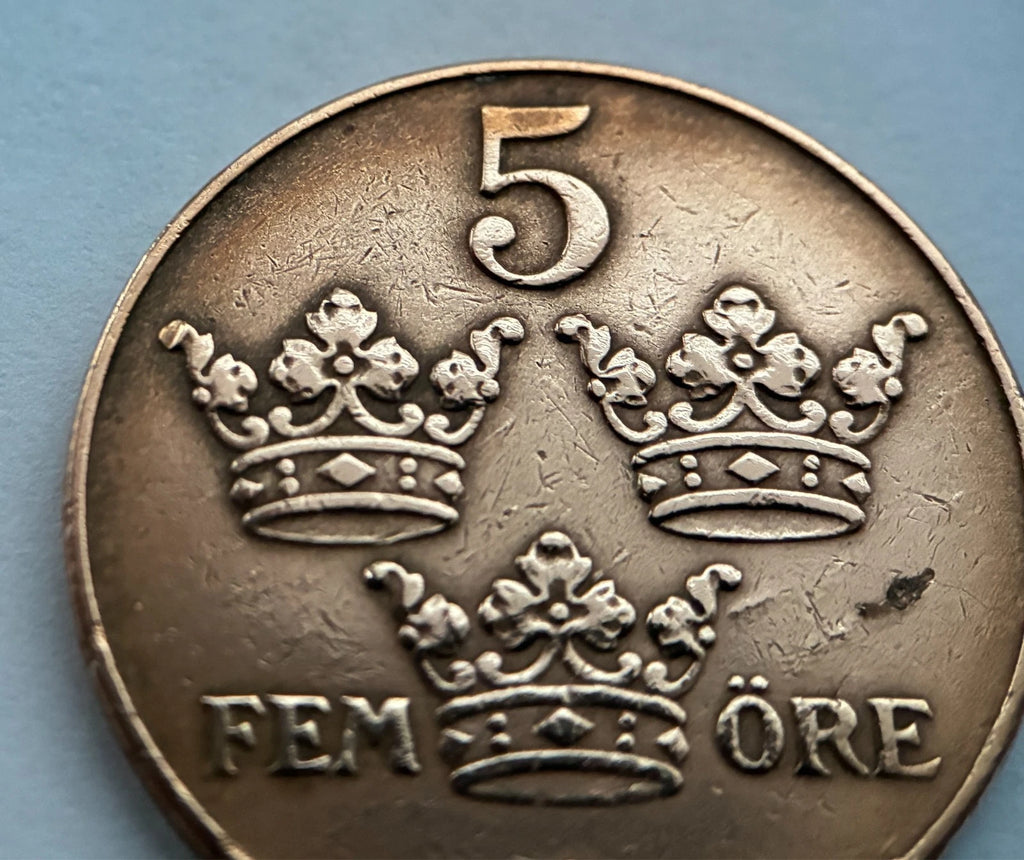 5 Öre 1930 | Schweden | König Gustaf V. | Drei Kronen | Bronze | Historische Münze | schön