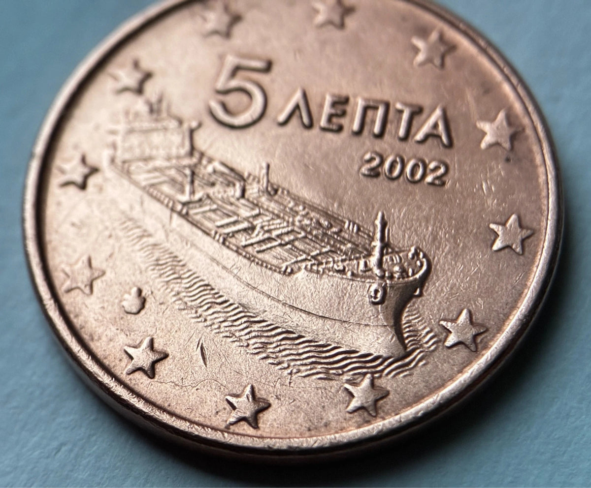 5 Cent 2002 | Griechenland | Moderner Tanker | Münze aus Verkupfertem Stahl | Sehr schön