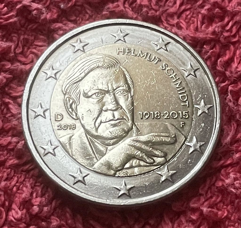 2 Euro 2018 F | Deutschland | 100. Geburtstag von Helmut Schmidt | Bi-Metall Gedenkmünze | Sehr schön