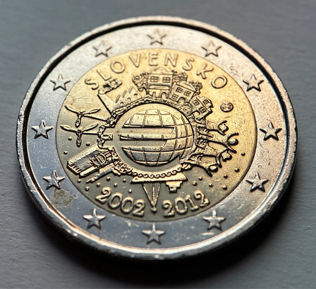 2 Euro 2012 | Slowakei | 10 Jahre Euro-Bargeld | Bi-Metall Gedenkmünze | schön