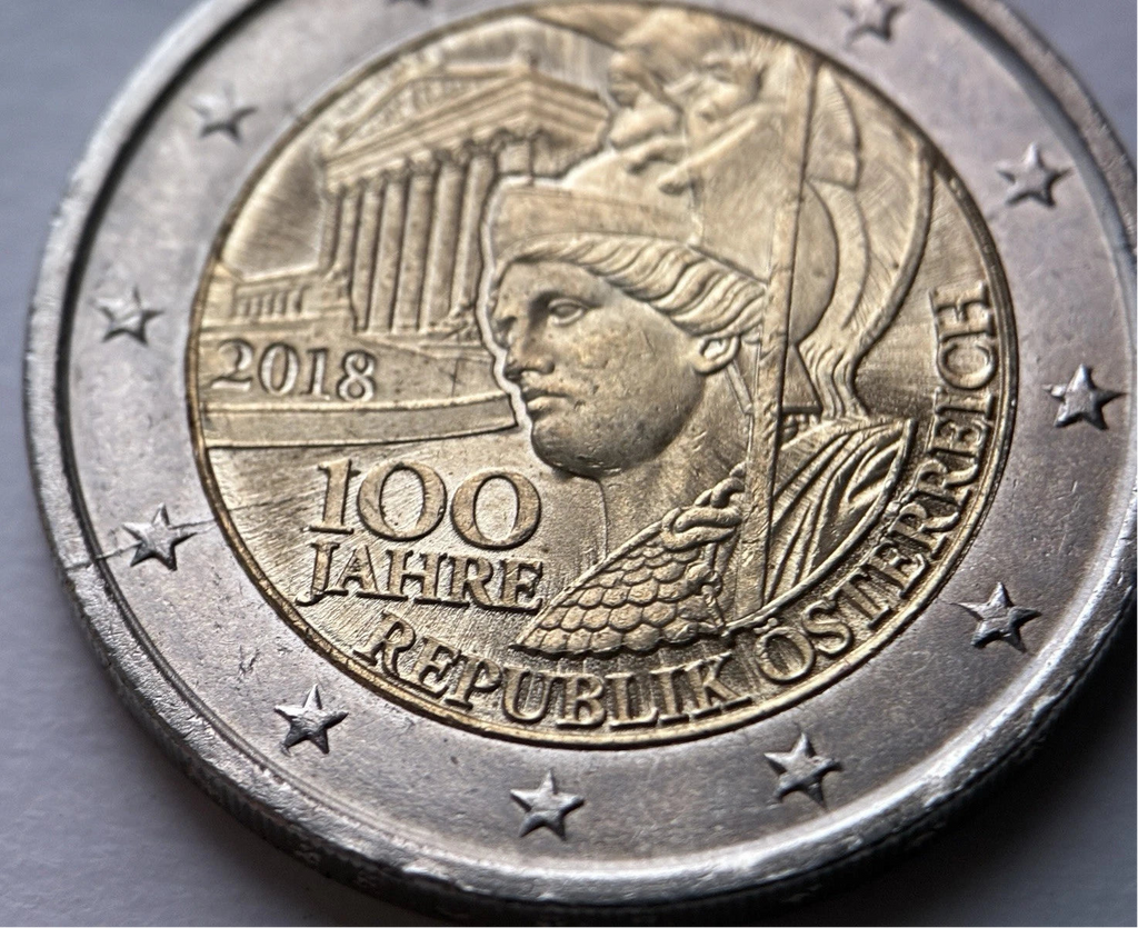 2 Euro 2018 | Österreich | 100 Jahre Republik | Pallas Athena & Parlament in Wien | Bi-Metall Gedenkmünze | schön