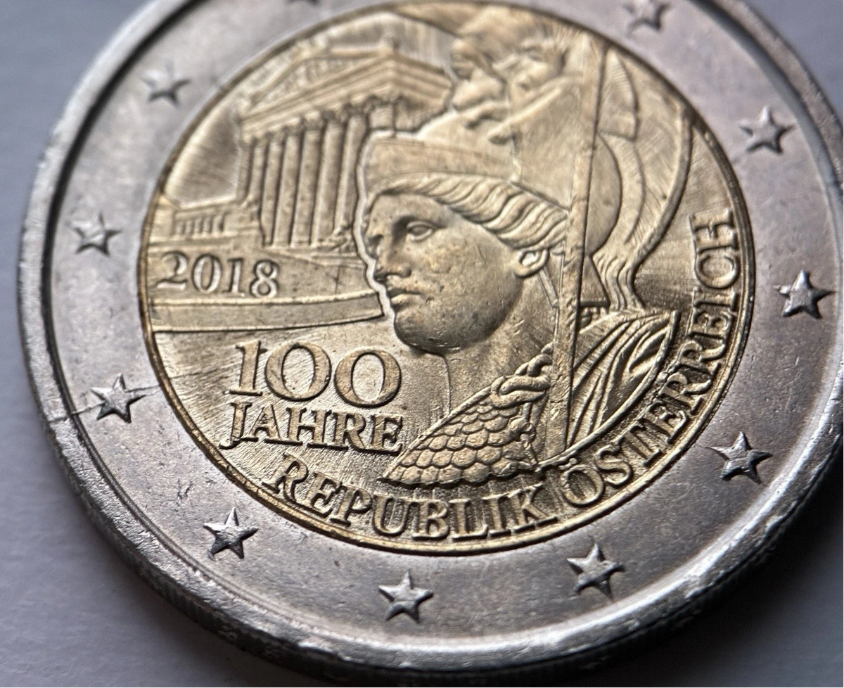 2 Euro 2018 | Österreich | 100 Jahre Republik | Pallas Athena & Parlament in Wien | Bi-Metall Gedenkmünze | schön