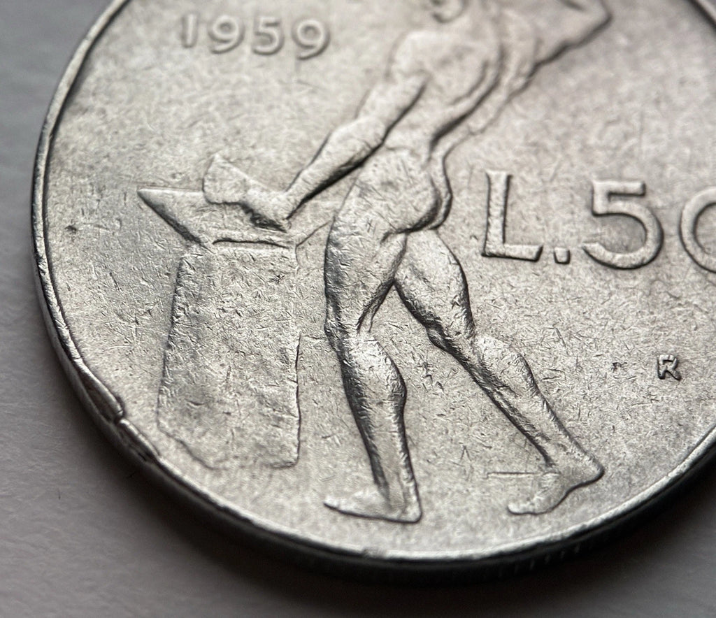 50 Lire 1959 | Italien | Schmied Vulcano am Amboss | Edelstahl Münze | schön