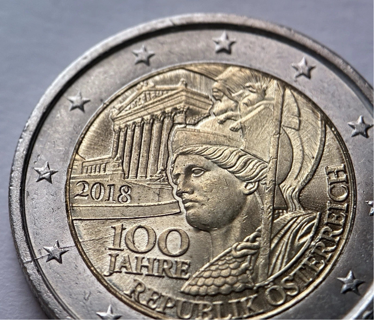 2 Euro 2018 | Österreich | 100 Jahre Republik | Pallas Athena & Parlament in Wien | Bi-Metall Gedenkmünze | schön