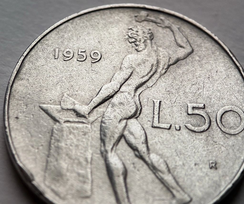 50 Lire 1959 | Italien | Schmied Vulcano am Amboss | Edelstahl Münze | schön