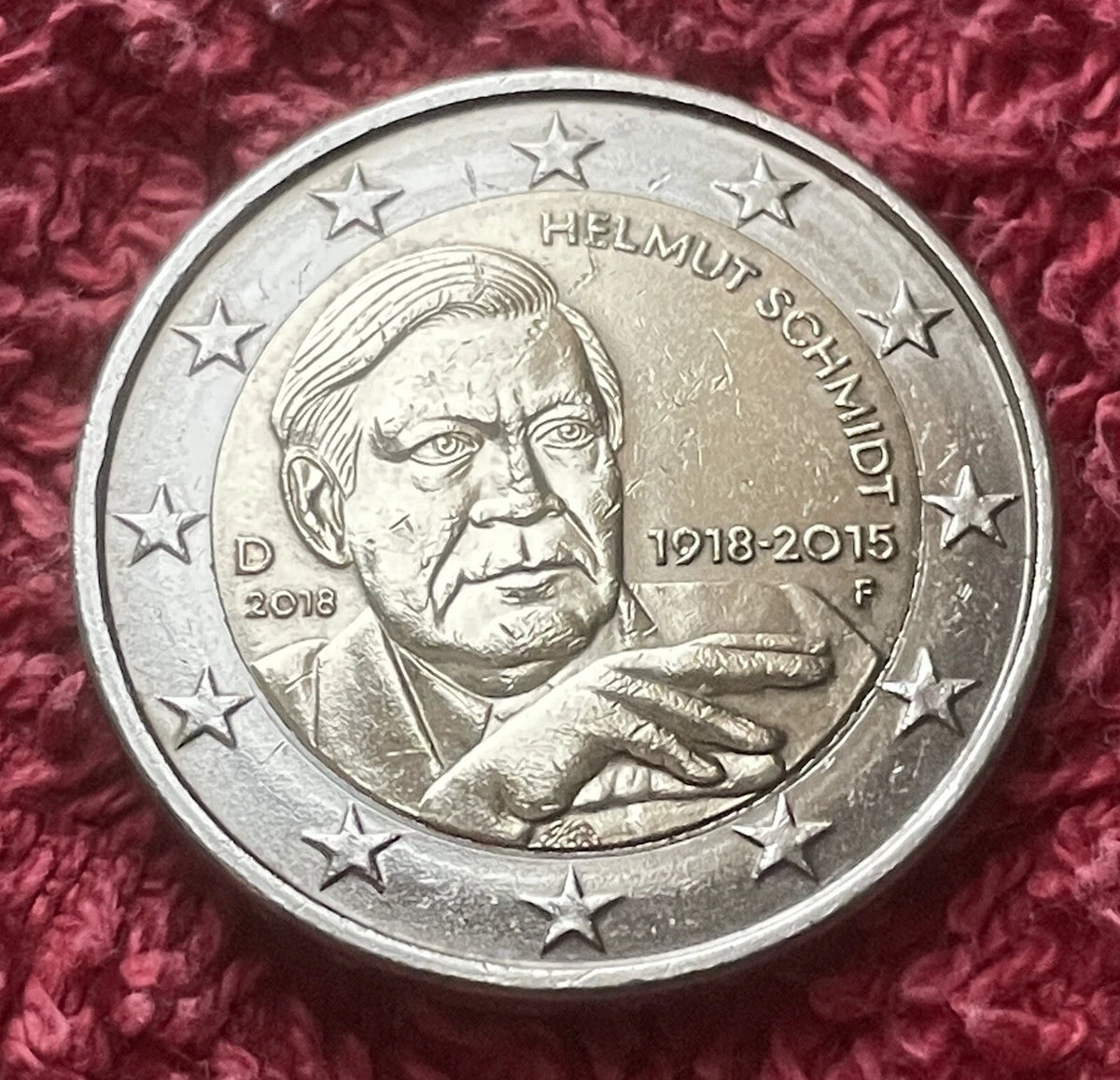 2 Euro 2018 F | Deutschland | 100. Geburtstag von Helmut Schmidt | Bi-Metall Gedenkmünze | Sehr schön