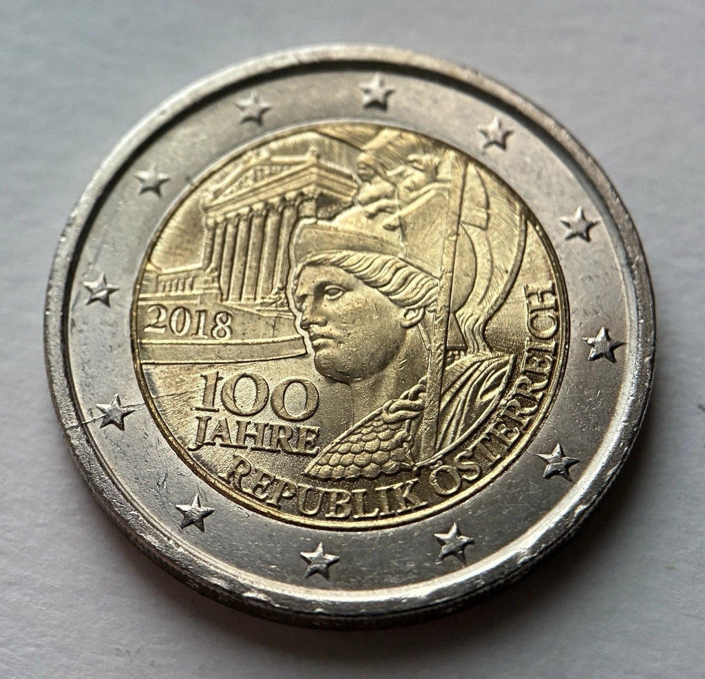 2 Euro 2018 | Österreich | 100 Jahre Republik | Pallas Athena & Parlament in Wien | Bi-Metall Gedenkmünze | schön