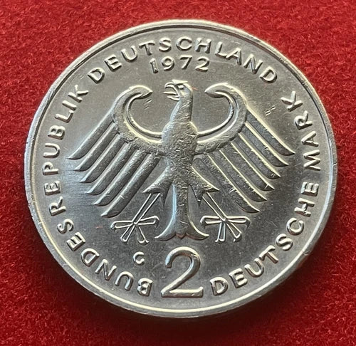 2 Deutsche Mark 1972 G | Bundesrepublik Deutschland | Theodor Heuss | Kupfer-Nickel Gedenkmünze | sehr schön