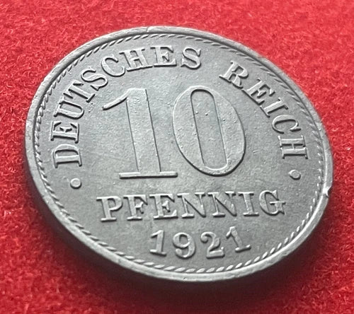 10 Pfennig 1921 | Deutsches Reich | gekrönter deutscher Reichsadler | Zink Ersatzmünze | sehr schön