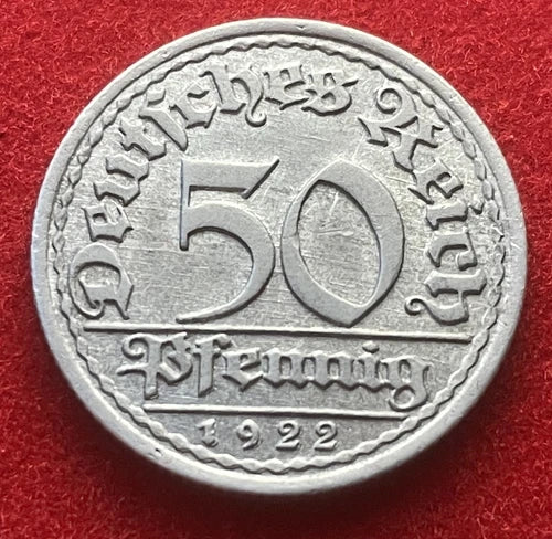 50 Pfennig 1922 F | Weimarer Republik | Deutsches Reich | Münze aus Aluminium | Sehr schön