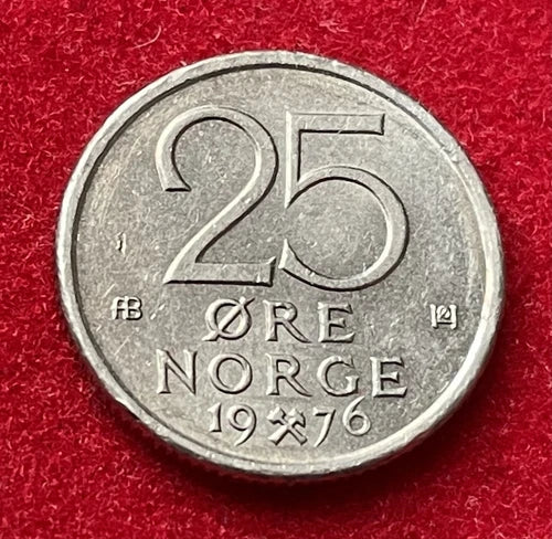 25 Øre 1976 | Norwegen | König Olav V. | Kupfer-Nickel-Legierung Münze | sehr schön