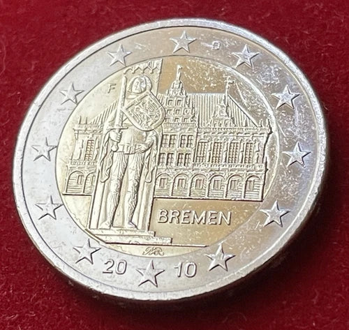 2 Euro 2010 F | Deutschland | Bremer Rathaus & Roland-Statue, Bremen | Bi-Metall Gedenkmünze | sehr schön