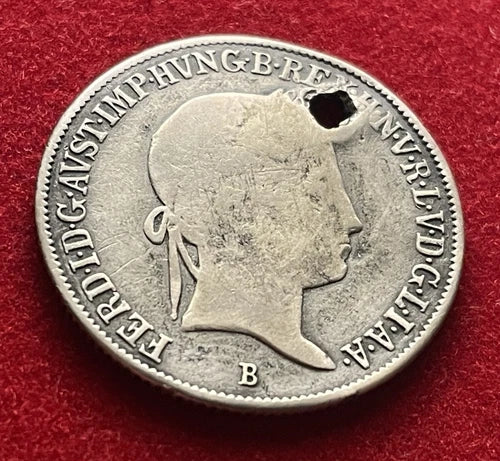 20 Kreuzer 1848 | Königreich Ungarn | Ferdinand I. | 583er Silber – Gelocht | Historische Münze