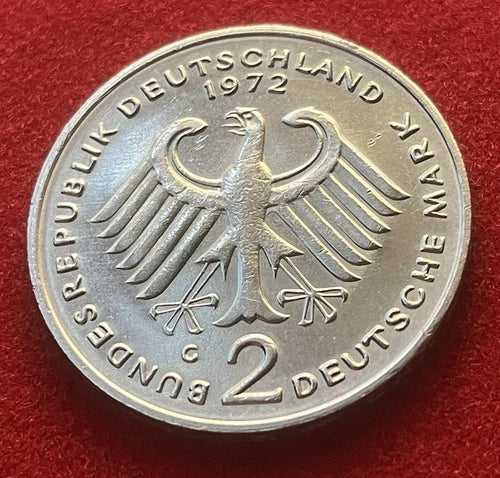 2 Deutsche Mark 1972 G | Bundesrepublik Deutschland | Theodor Heuss | Kupfer-Nickel Gedenkmünze | sehr schön