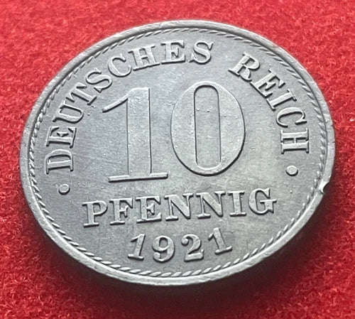 10 Pfennig 1921 | Deutsches Reich | gekrönter deutscher Reichsadler | Zink Ersatzmünze | sehr schön