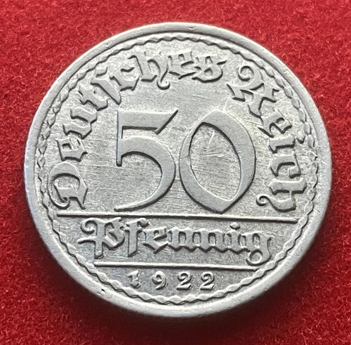 50 Pfennig 1922 F | Weimarer Republik | Deutsches Reich | Münze aus Aluminium | Sehr schön