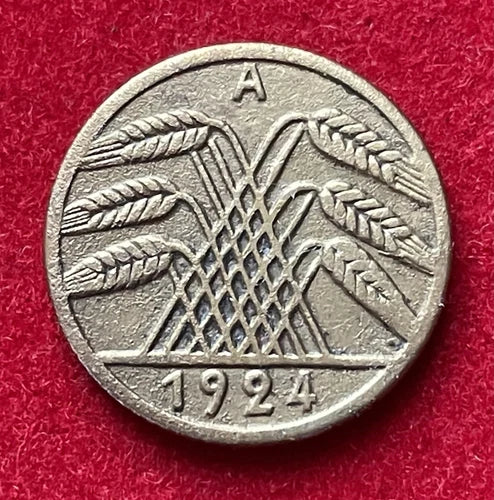 5 Rentenpfennig 1924 A | Weimarer Republik | Deutsches Reich | Münze aus Aluminiumbronze | Sehr schön
