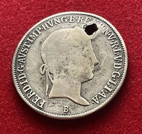 20 Kreuzer 1848 | Königreich Ungarn | Ferdinand I. | 583er Silber – Gelocht | Historische Münze