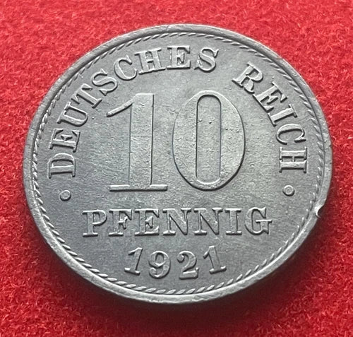 10 Pfennig 1921 | Deutsches Reich | gekrönter deutscher Reichsadler | Zink Ersatzmünze | sehr schön